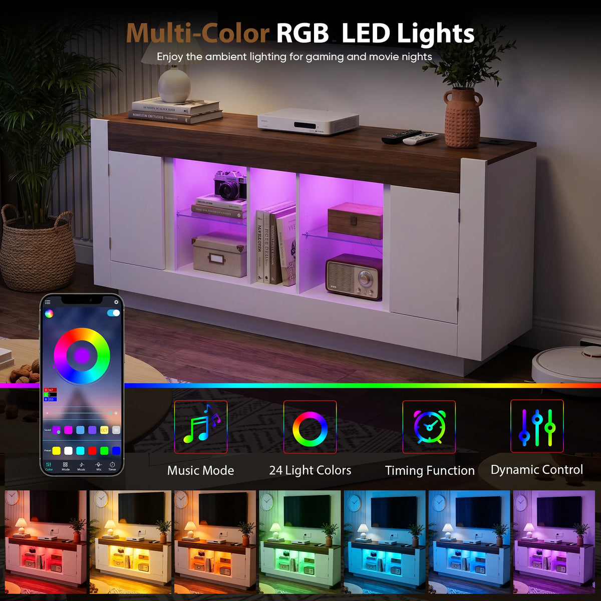 TCGBKAF Modern Farmhouse TV Stand Wooden Media Console LED Lights
