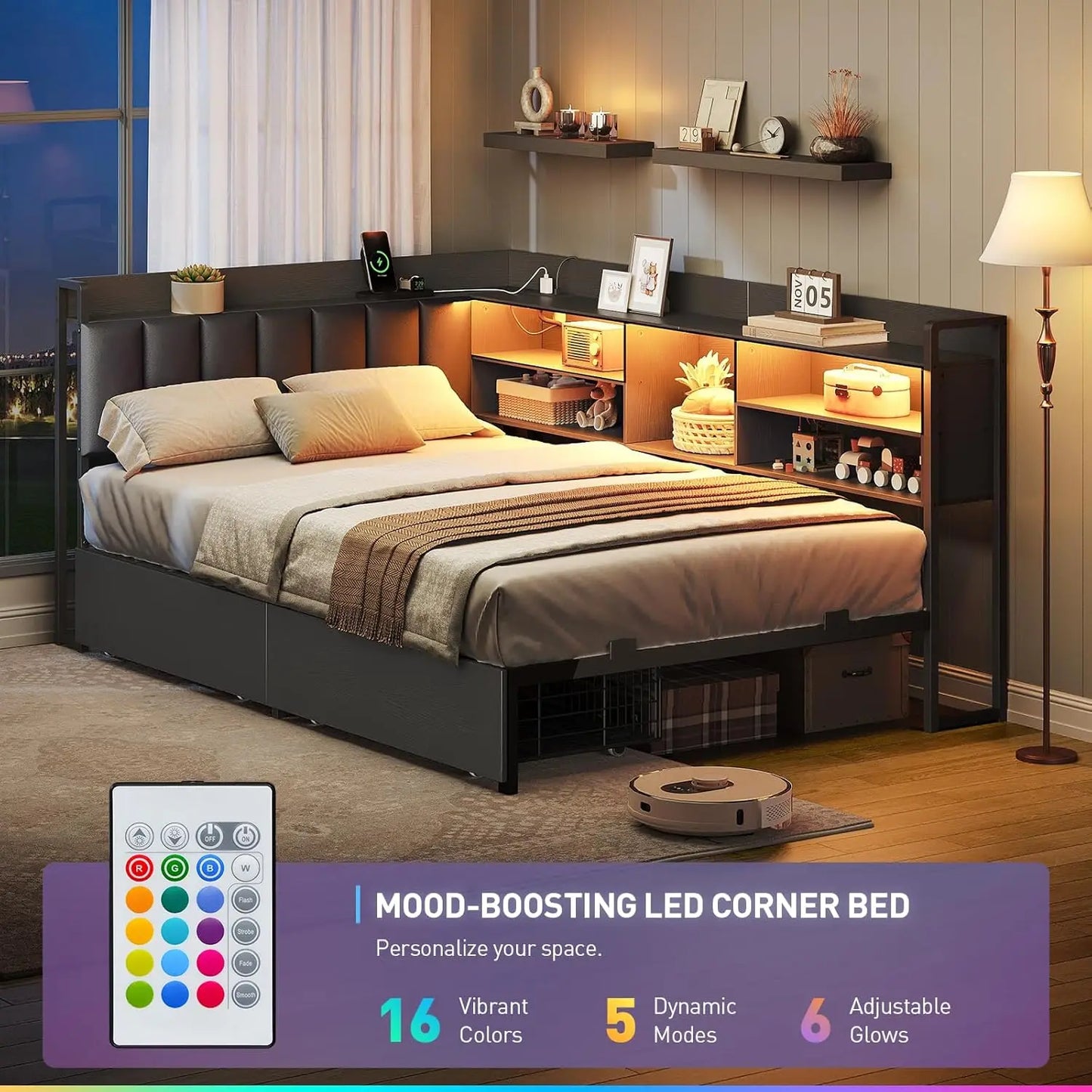 Corner Bed Frame With Bookcase Storage And Charging Station