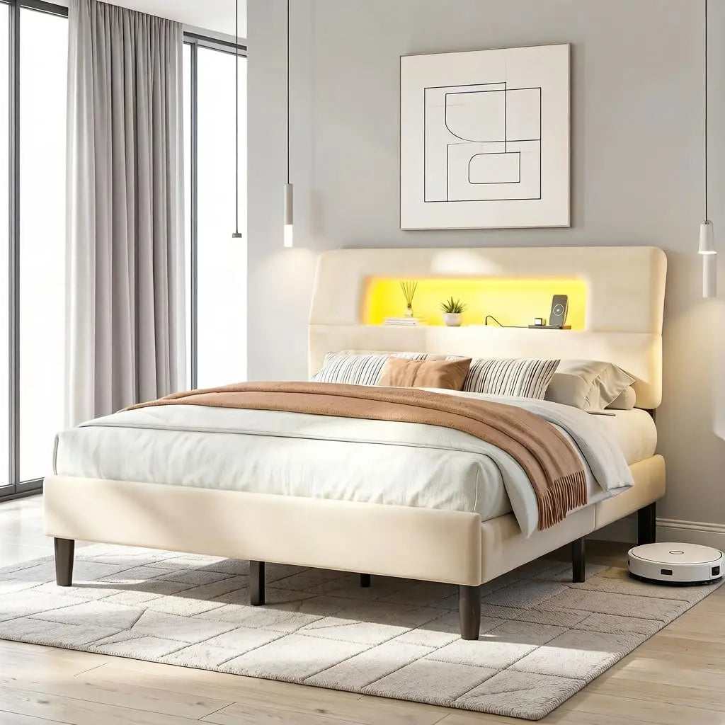 Bed Frame With Ergonomic Storage Headboard LED Lights And Charging