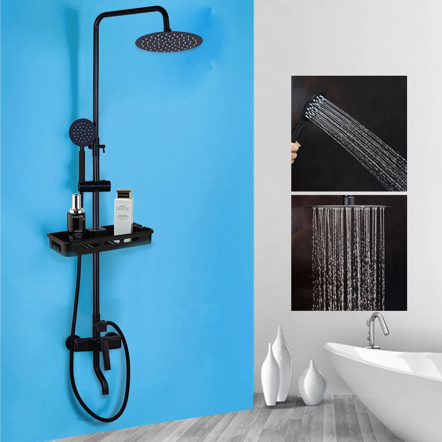 SINLAKU Bathroom Rainfall Shower Mixer Set With Storage Shelf