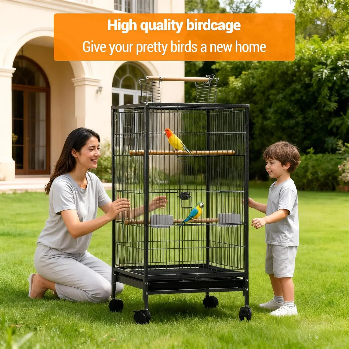 HiMISS Open Top Budgie Cage With Rolling Stand Tray