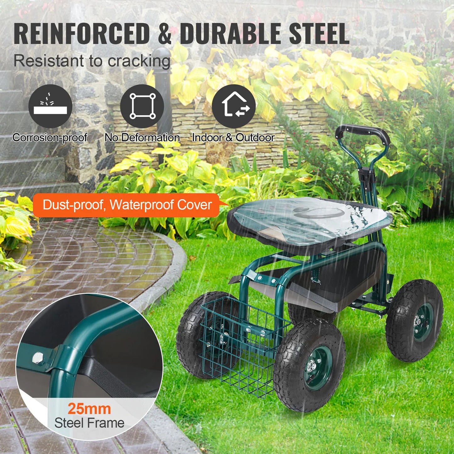 SucceBuy Garden Cart Rolling Workseat With Wheels 360 Swivel Seat