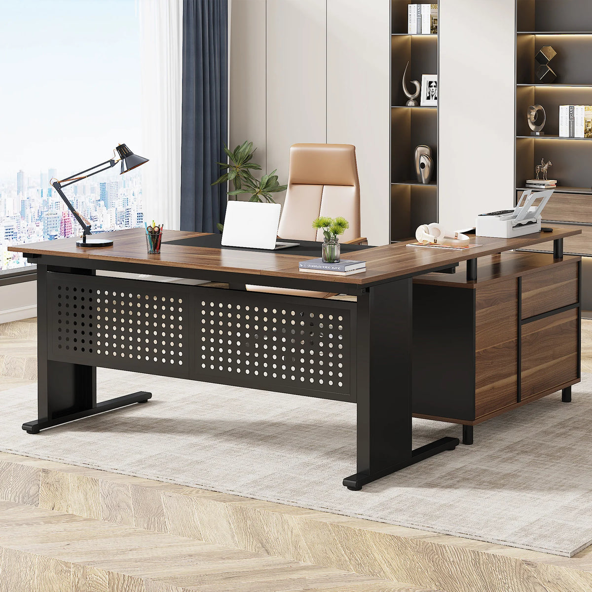 Tribesigns L-Shaped Office Desk with File Cabinet Drawers and Shelves