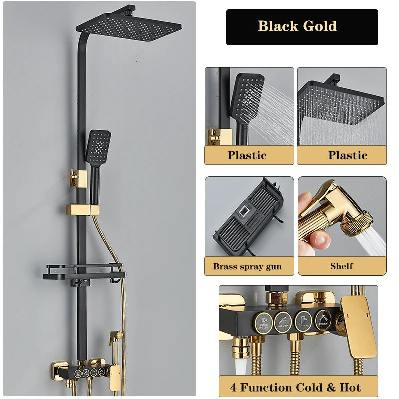 ALENARTWATER Black And Gold Shower Faucet Set With Dual Spray