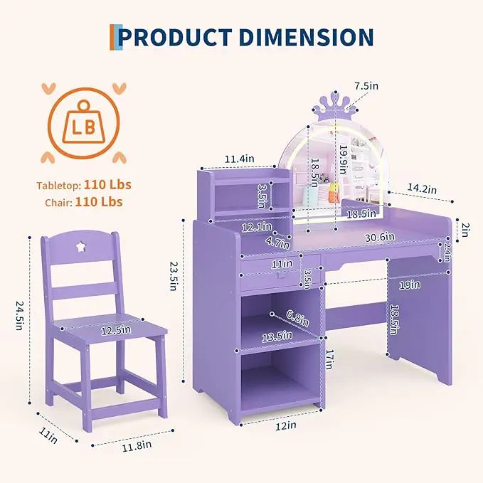 HiMISS Kids Vanity Makeup Table With Lights And Chair Set