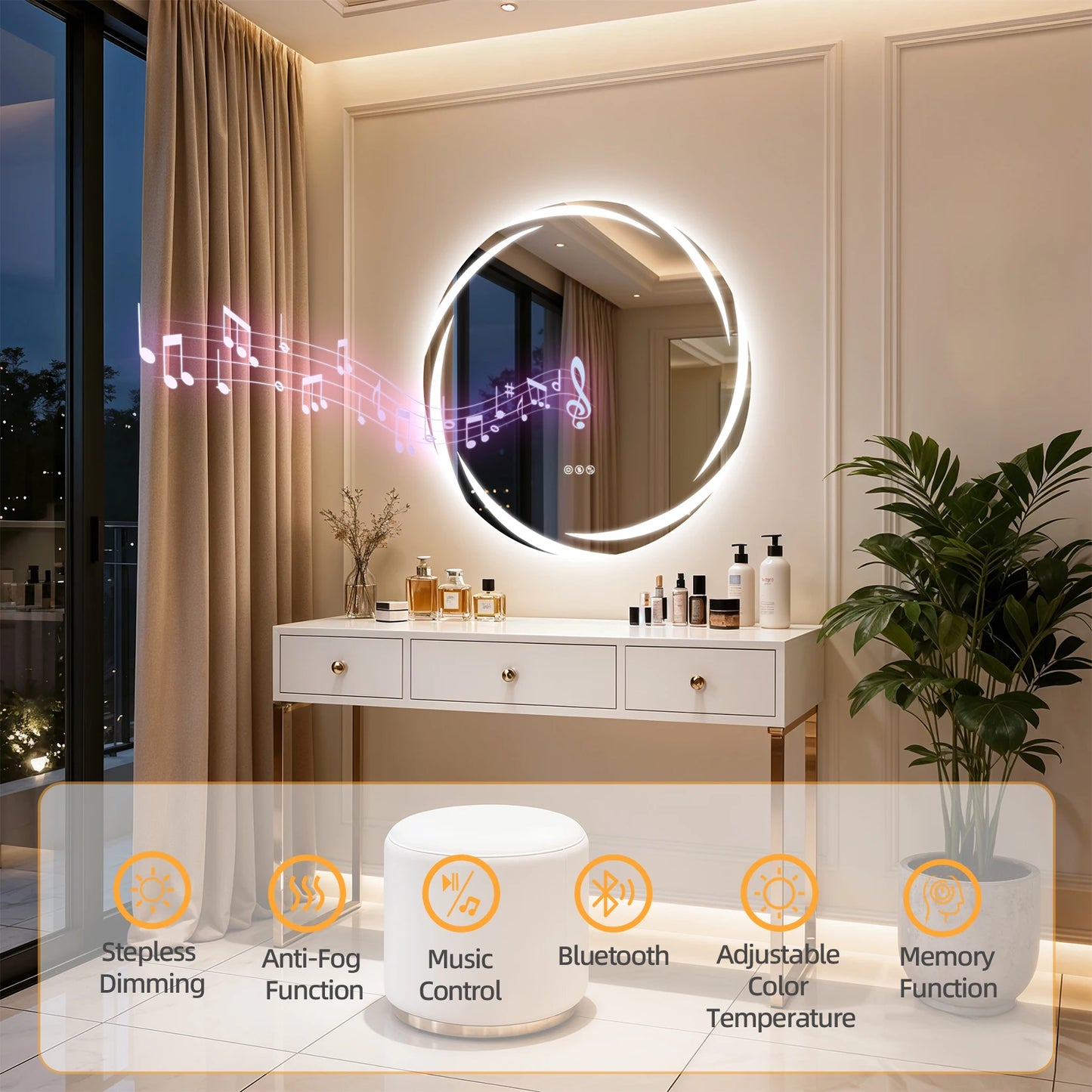 LED Bathroom Mirror With Bluetooth, Dual Speakers, Dimmable Defog Memory