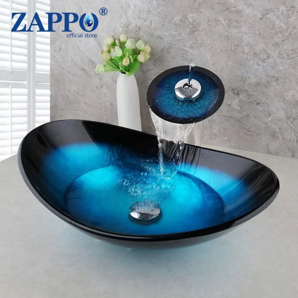 Mekkhala Oval Blue Tempered Glass Vessel Sink With Waterfall Faucet