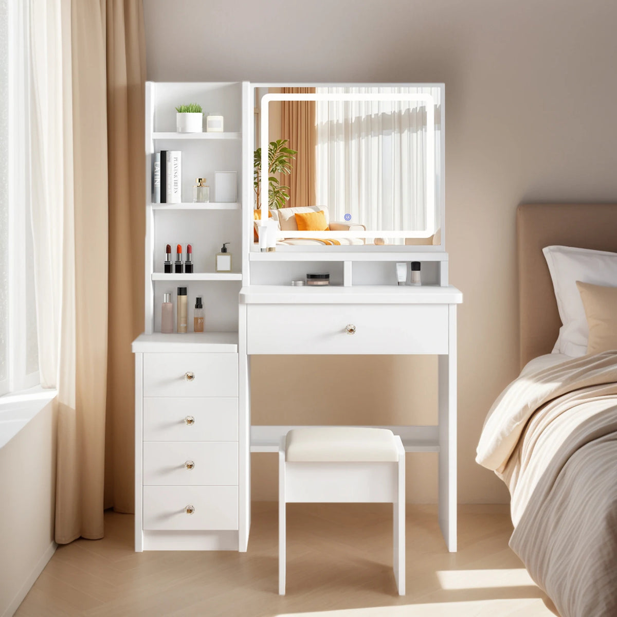 Makeup Vanity Desk With Lighted Mirror, Drawers, Stool And Shelves