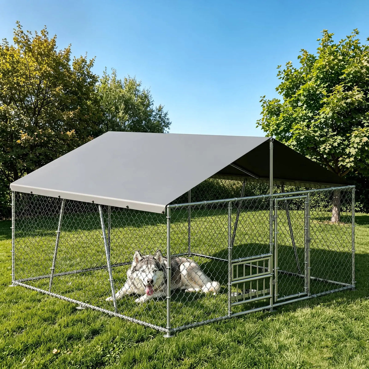 DishyKooker Heavy Duty Galvanized Dog Kennel With Waterproof Roof And Feeding Door
