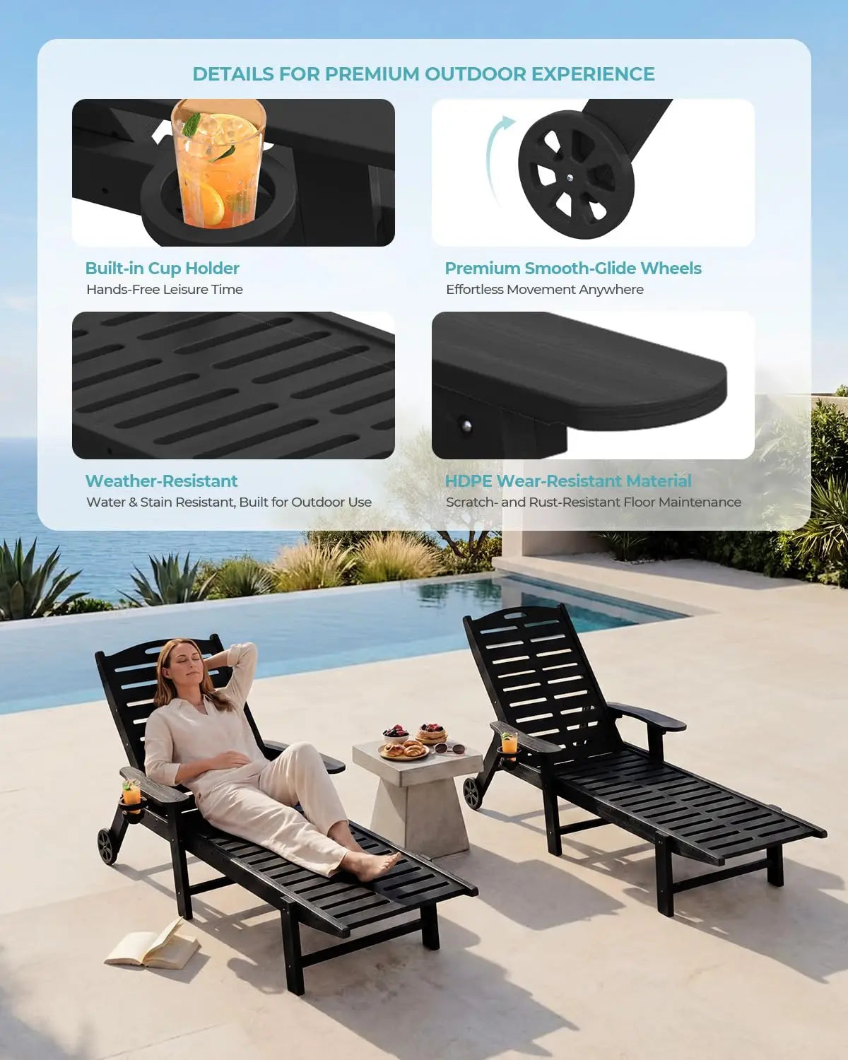 Heavy Duty Adjustable HDPE Sun Lounger Chairs With Wheels