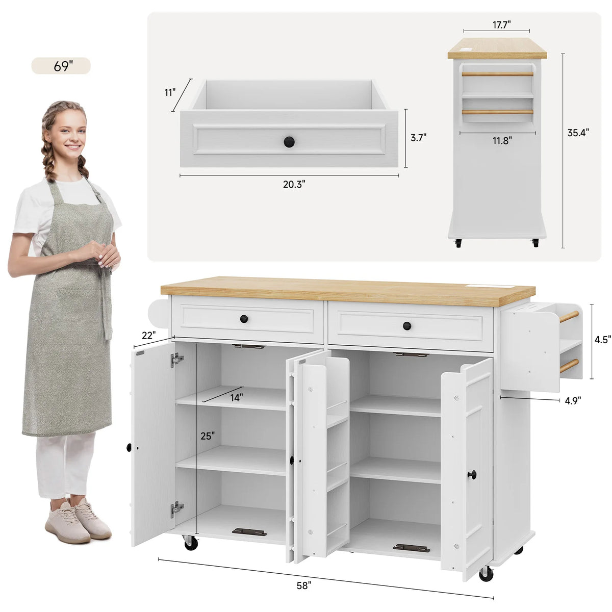 Wooden Rolling Kitchen Cart With Drop Leaf And Storage Rack