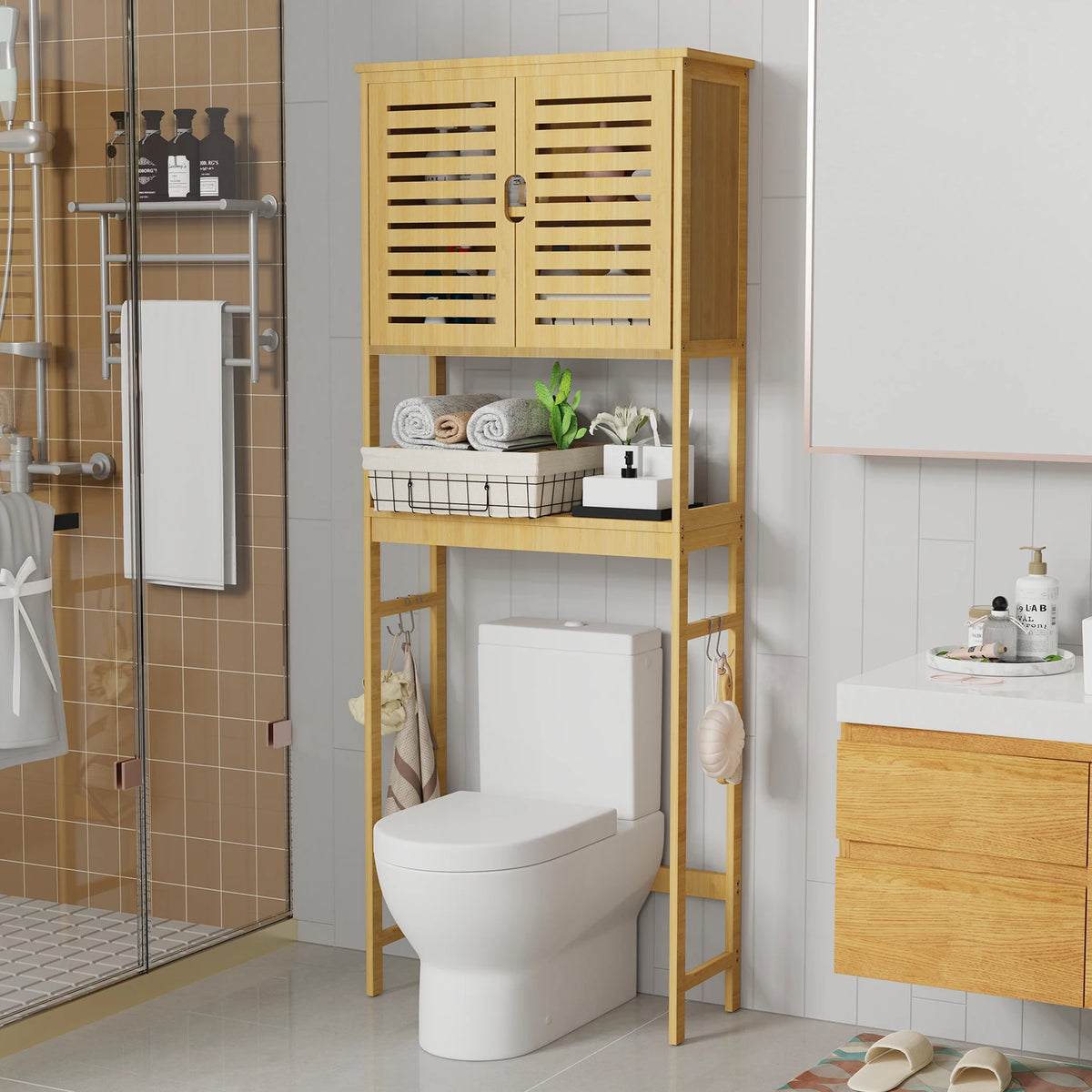 Bamboo Over The Toilet Storage Cabinet With Adjustable Shelves