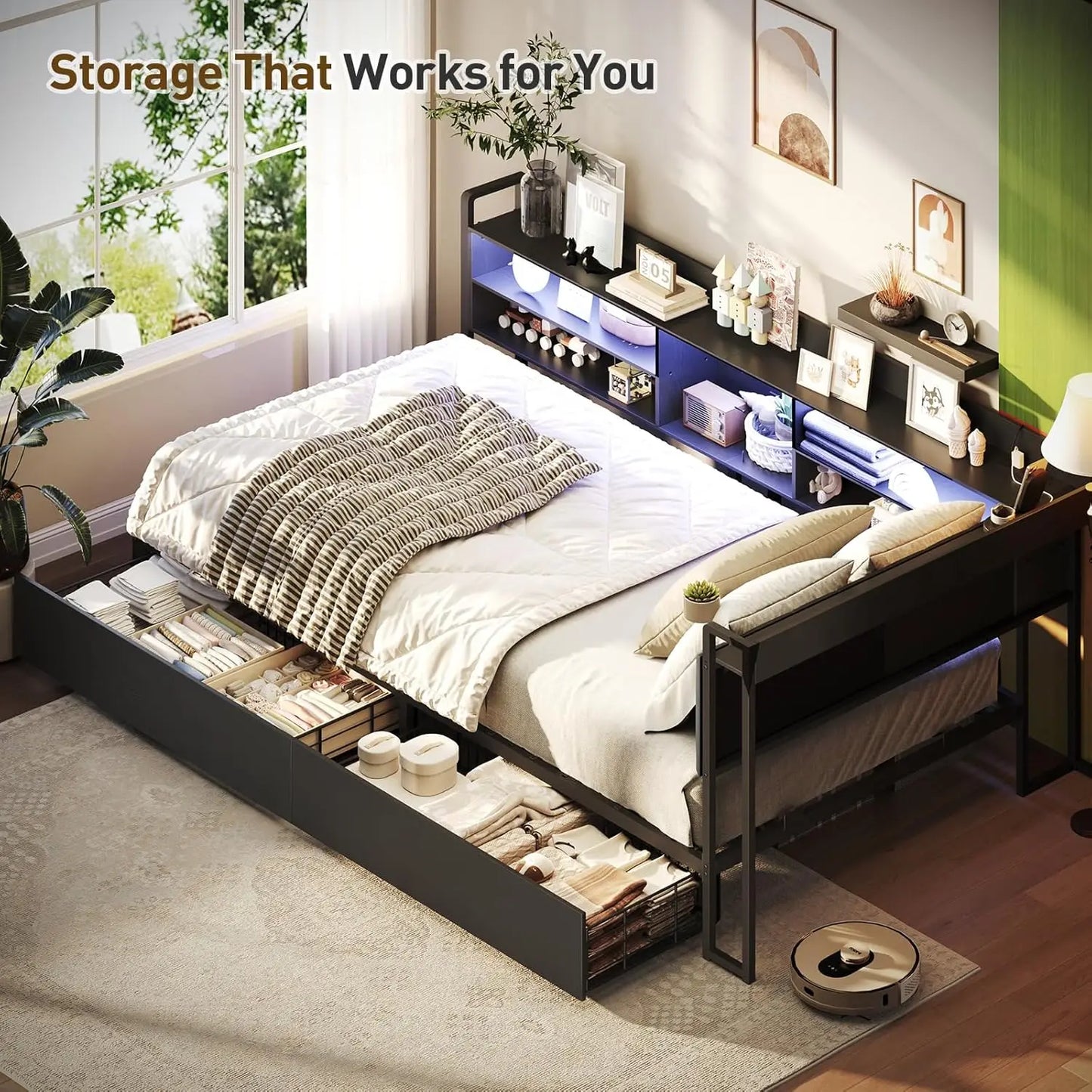 Corner Bed Frame With Bookcase Storage And Charging Station