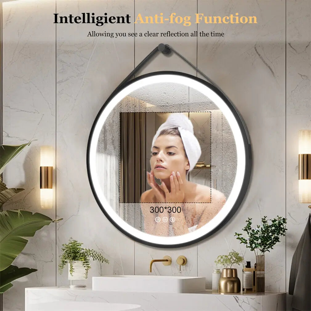 BORWART Round LED Bathroom Mirror Anti Fog Dimmable Leather Strap