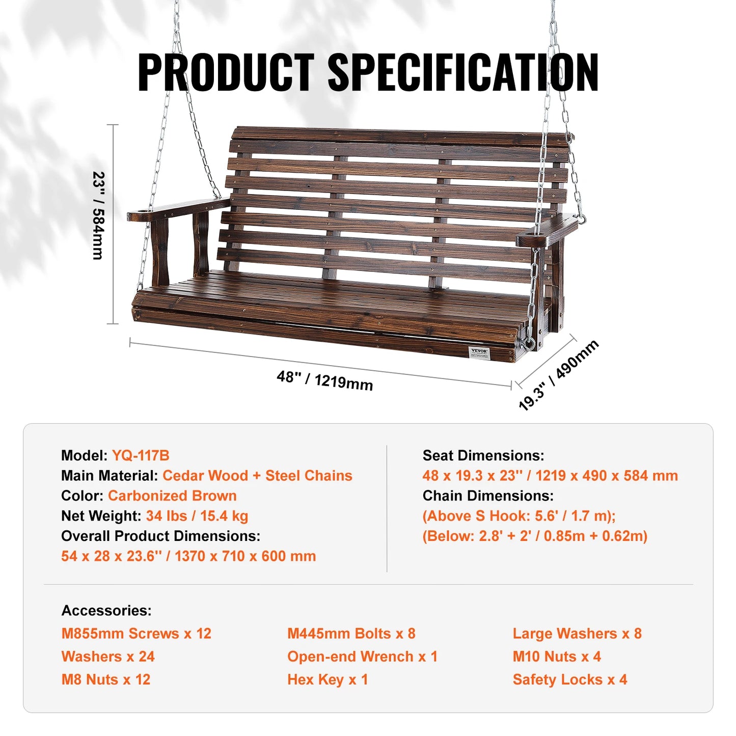SucceBuy Wooden Porch Swing Outdoor Bench For Courtyard Garden