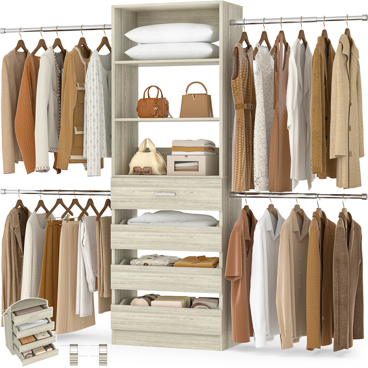 Aheaplus Wooden Closet Organizer With Four Drawers And Hanging Rods