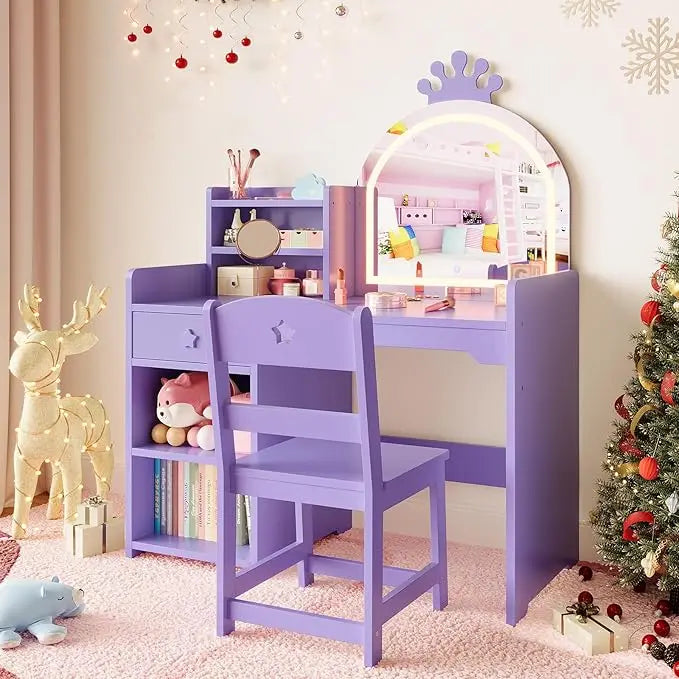 HiMISS Kids Vanity Makeup Table With Lights And Chair Set