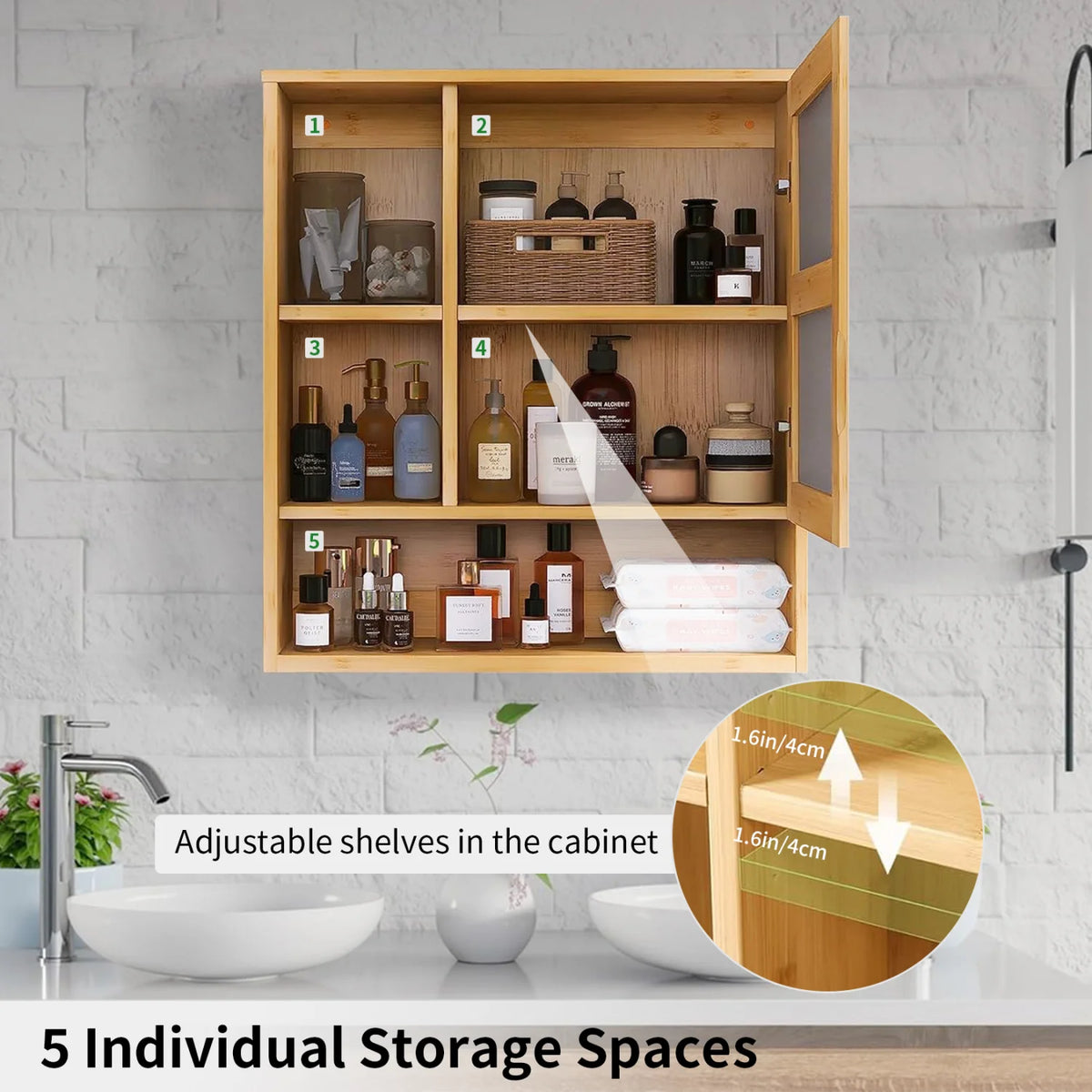Wall Mounted Bamboo Cabinet With Adjustable Mirror Shelf