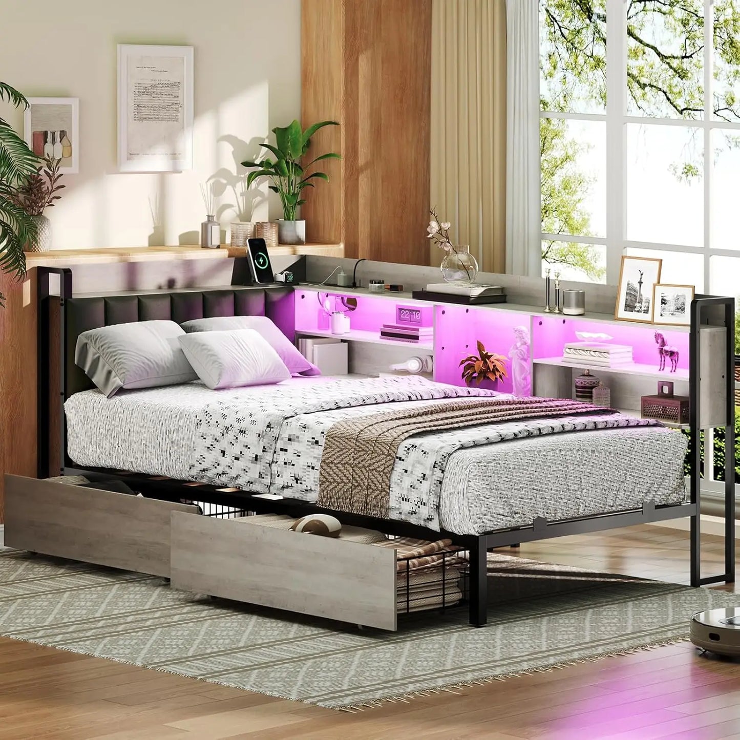 Corner Bed Frame With Bookcase Storage And Charging Station