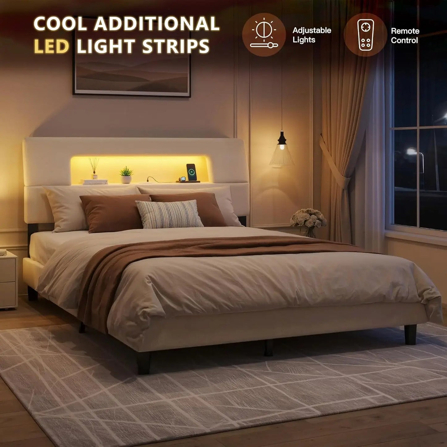 Bed Frame With Ergonomic Storage Headboard LED Lights And Charging