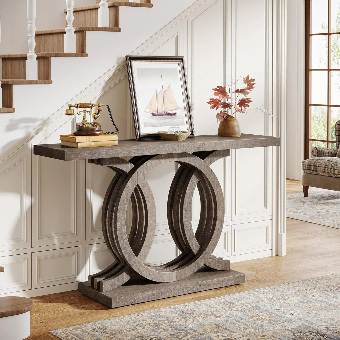 LITTLE TREE Geometric Wood Base Console Table For Entryway