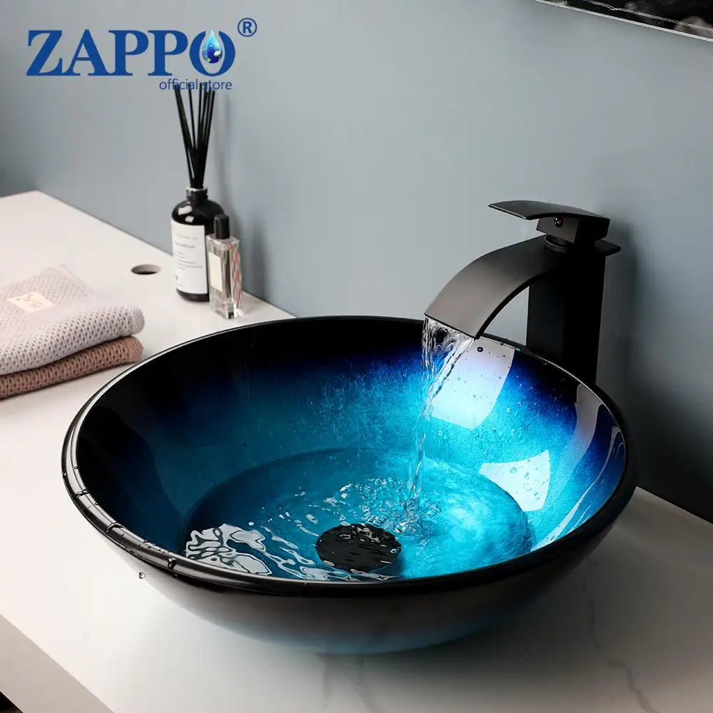 Mekkhala Oval Blue Tempered Glass Vessel Sink With Waterfall Faucet