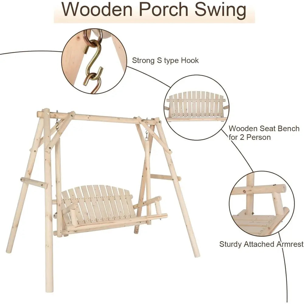 Wood Log Swing Set With Bench Loveseat For Outdoor Use