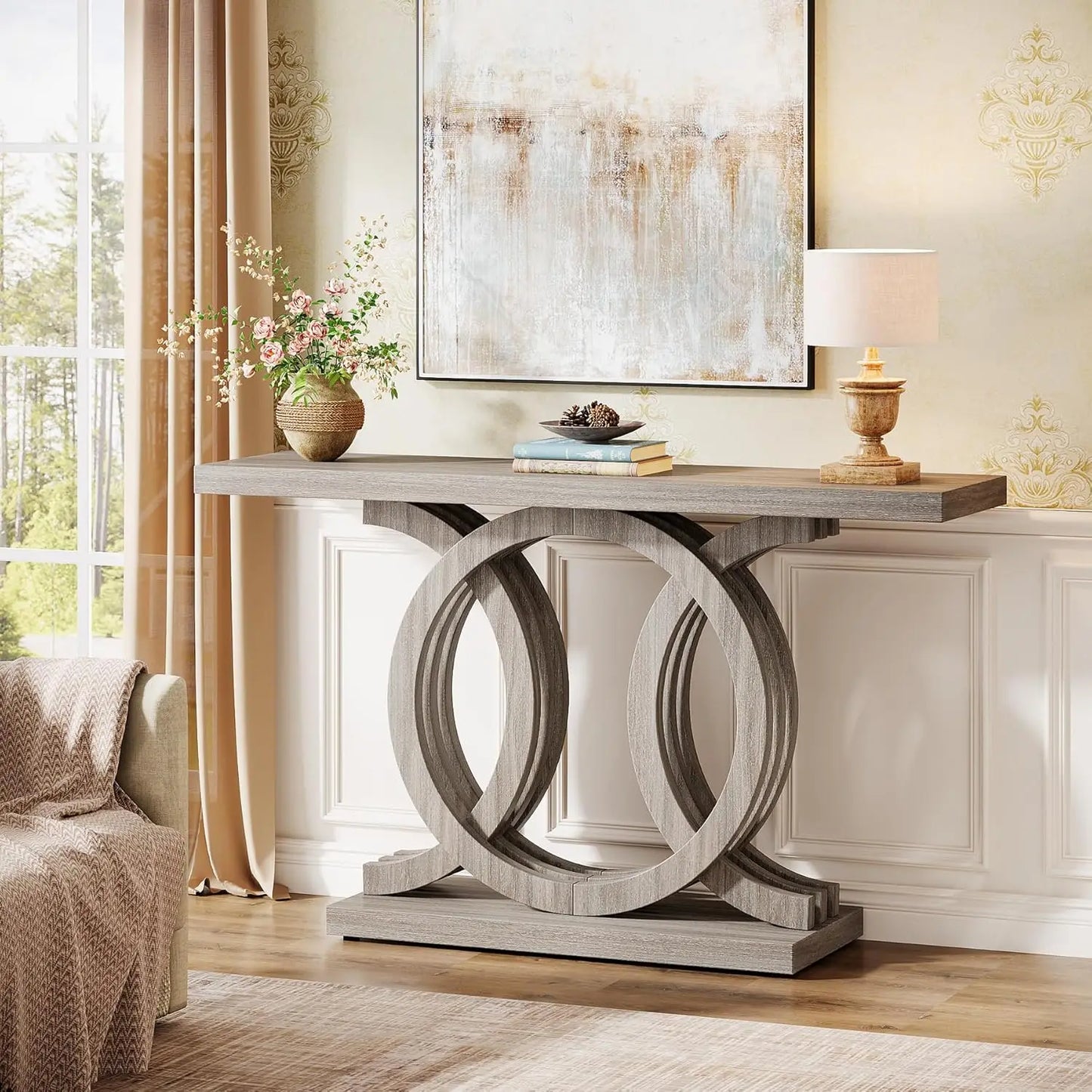 LITTLE TREE Geometric Wood Base Console Table For Entryway