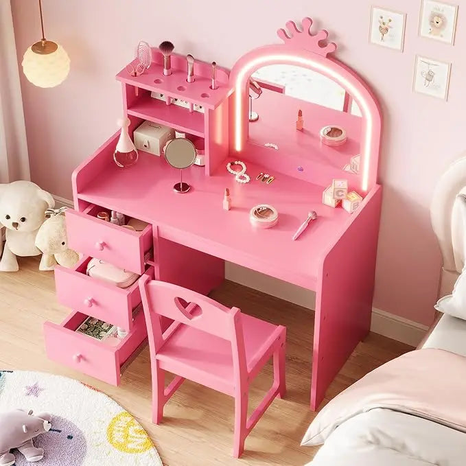 HiMISS Kids Vanity Makeup Table With Lights And Chair Set