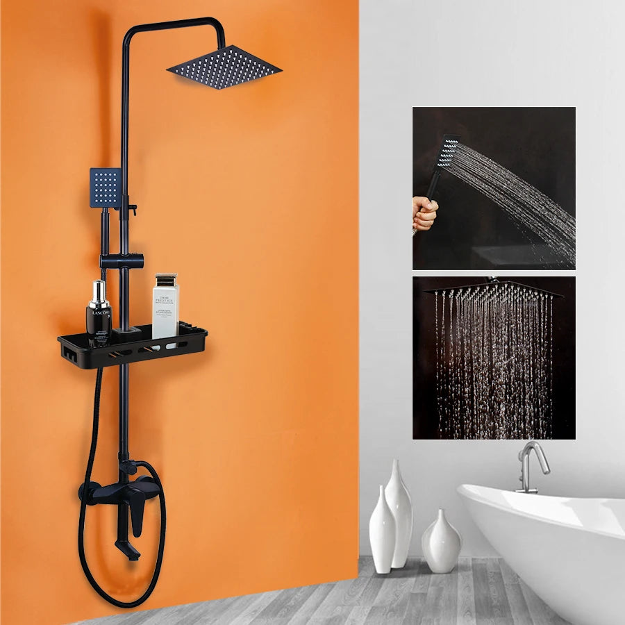 SINLAKU Bathroom Rainfall Shower Mixer Set With Storage Shelf