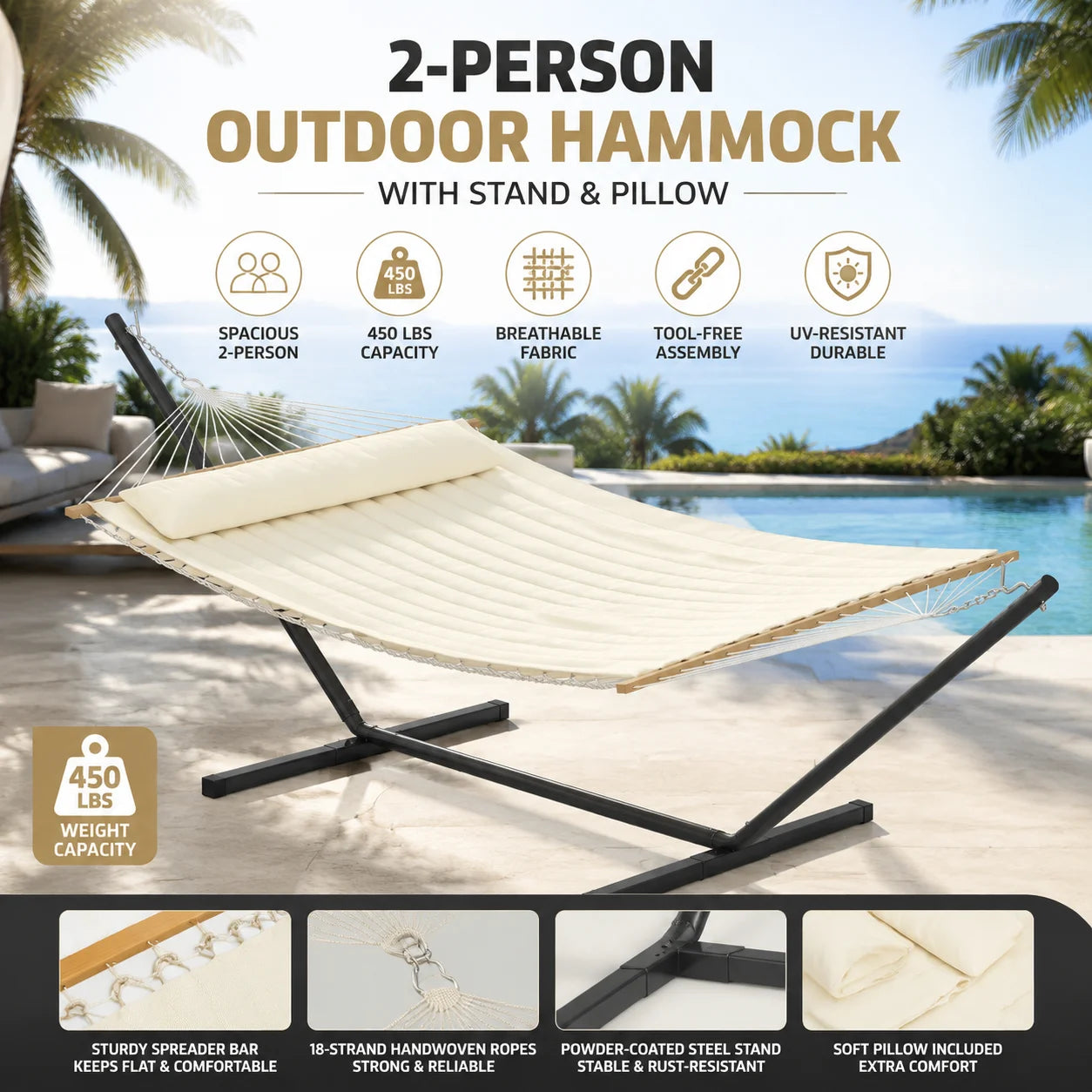 Two Person Outdoor Hammock With Stand UV Resistant Poly Cotton