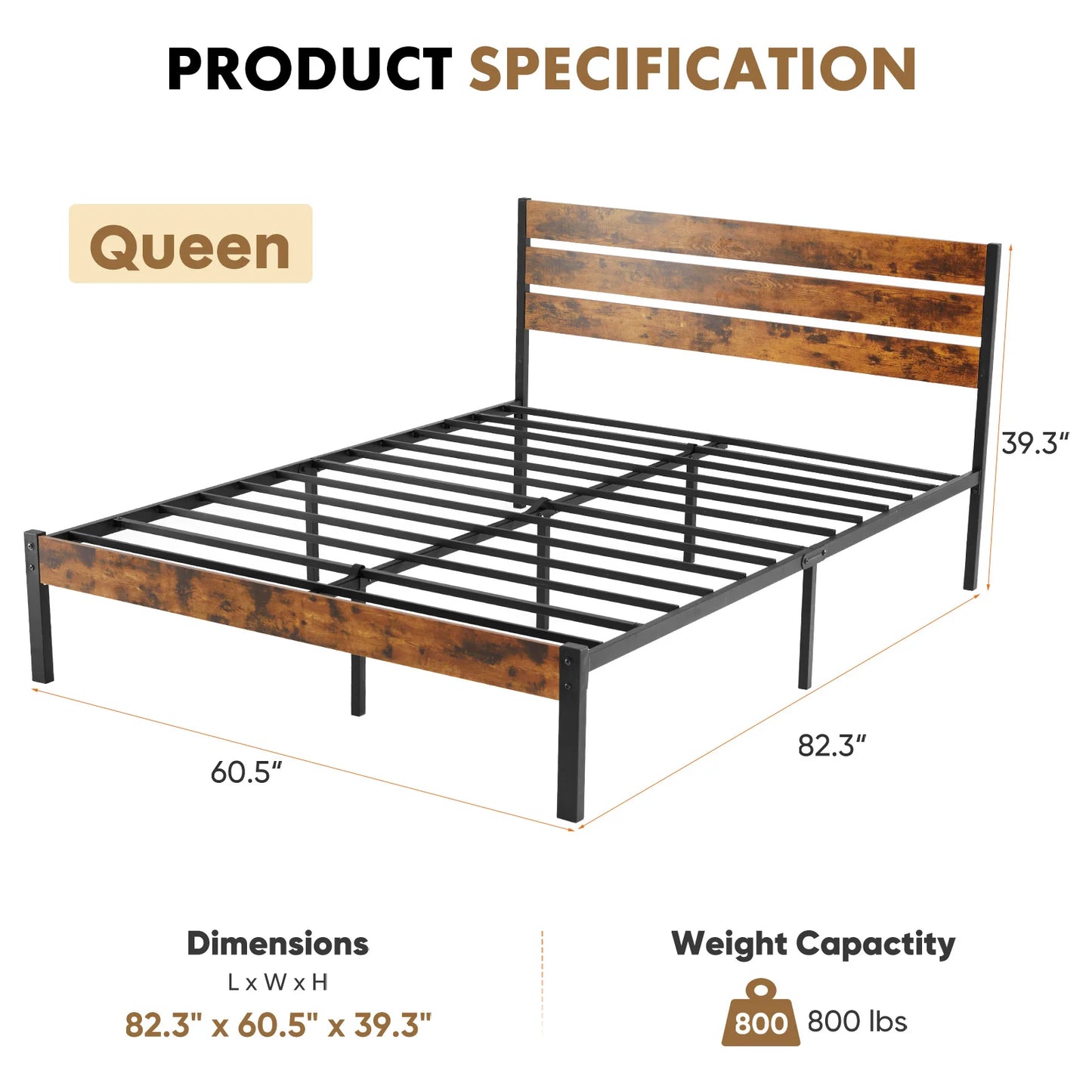 JHK Metal Platform Bed Frame With Headboard And Slats