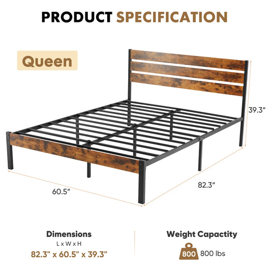 JHK Metal Platform Bed Frame With Headboard And Slats