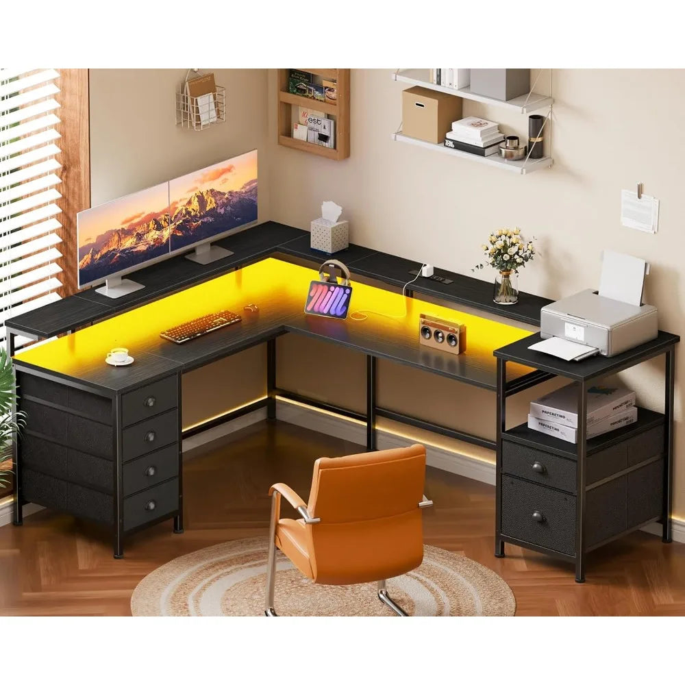 L Shaped Gaming Desk With Led Lights And Power Outlets