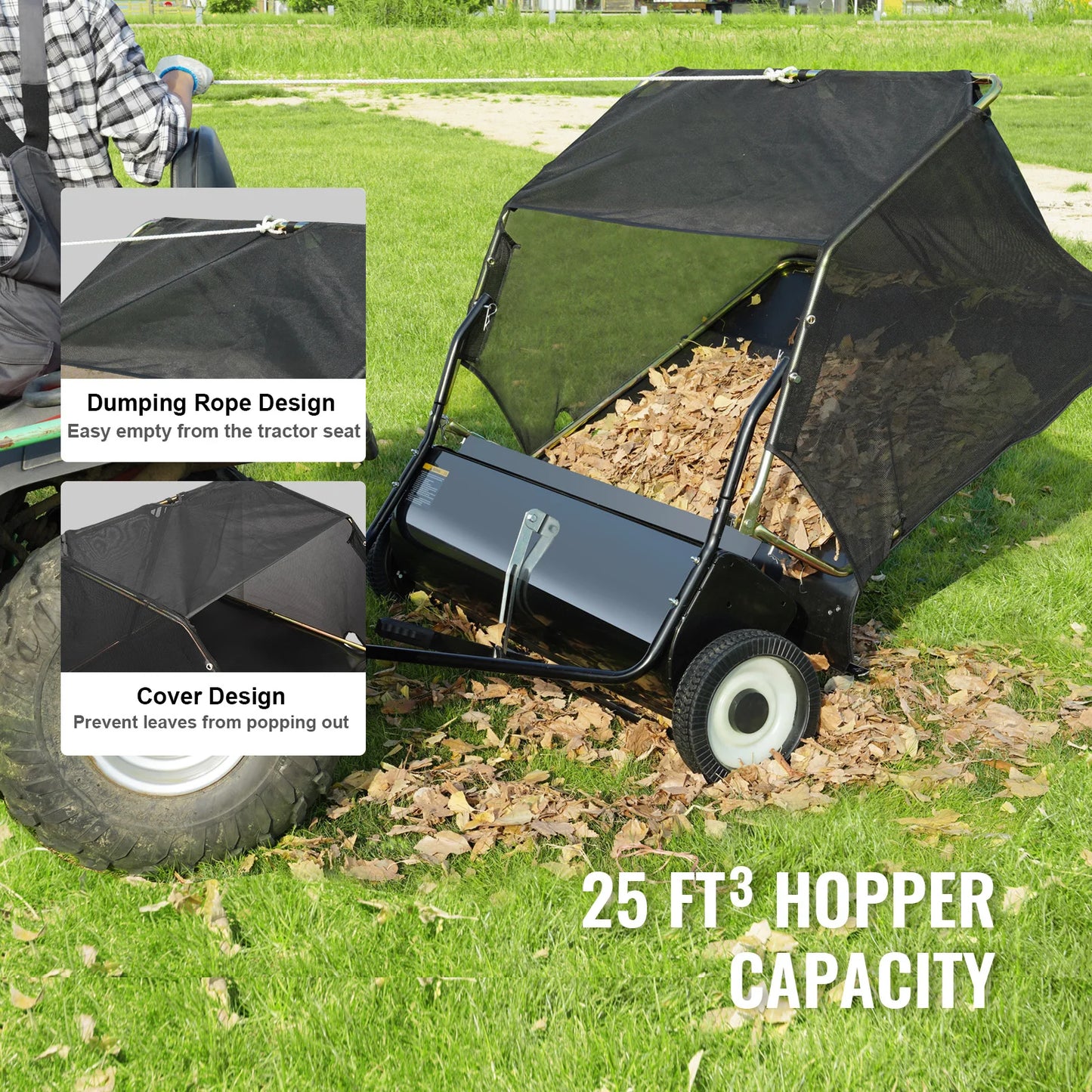 SucceBuy Tow Behind Lawn Sweeper Large Capacity Leaf Grass Collector