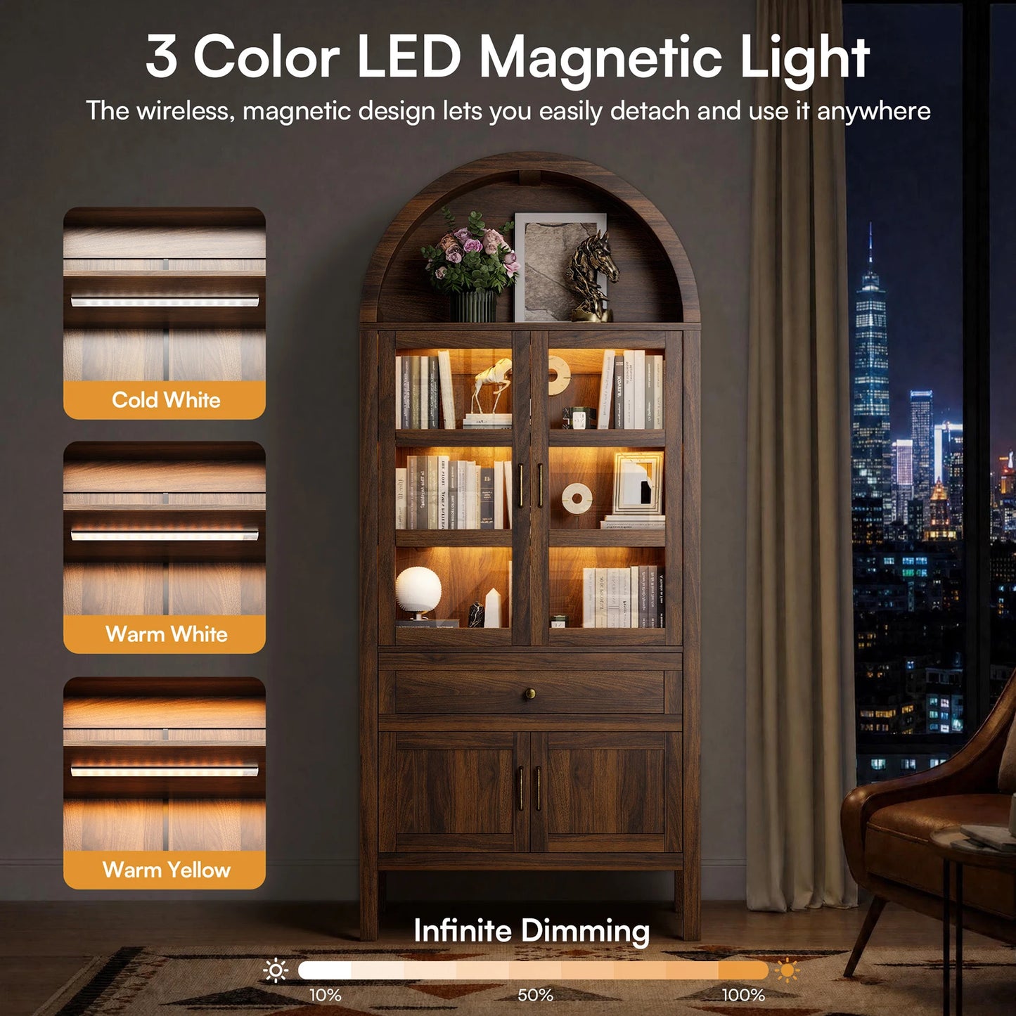 Cottinch Arched Wood Storage Cabinet With Adjustable Shelves Dimmable LED