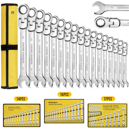 WOZOBUY Flex-Head Ratchet Wrench Set 12/14/16/17pcs Cr-V