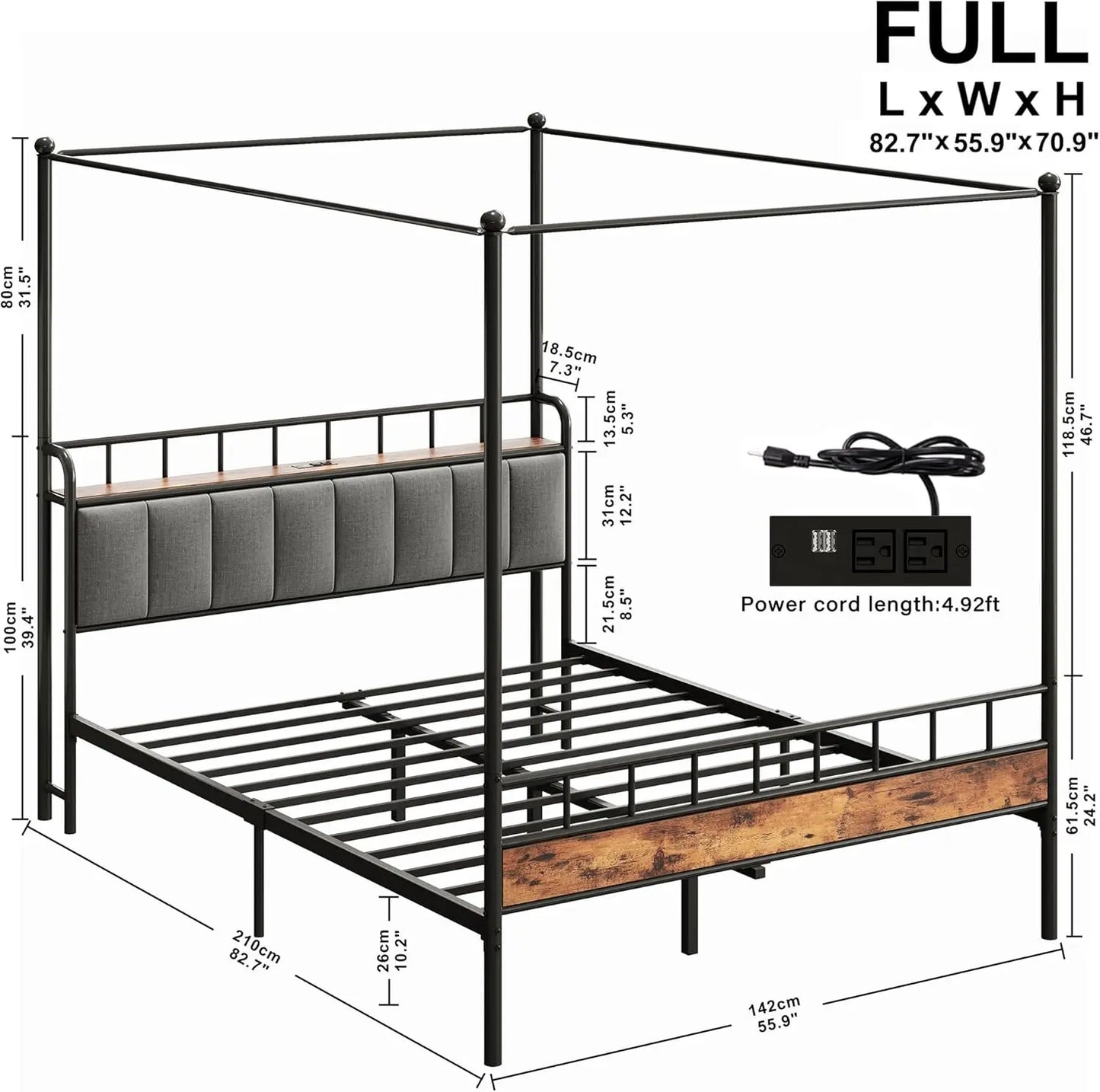 LIKIMIO Canopy Bed Frame Queen With Charging Station Headboard