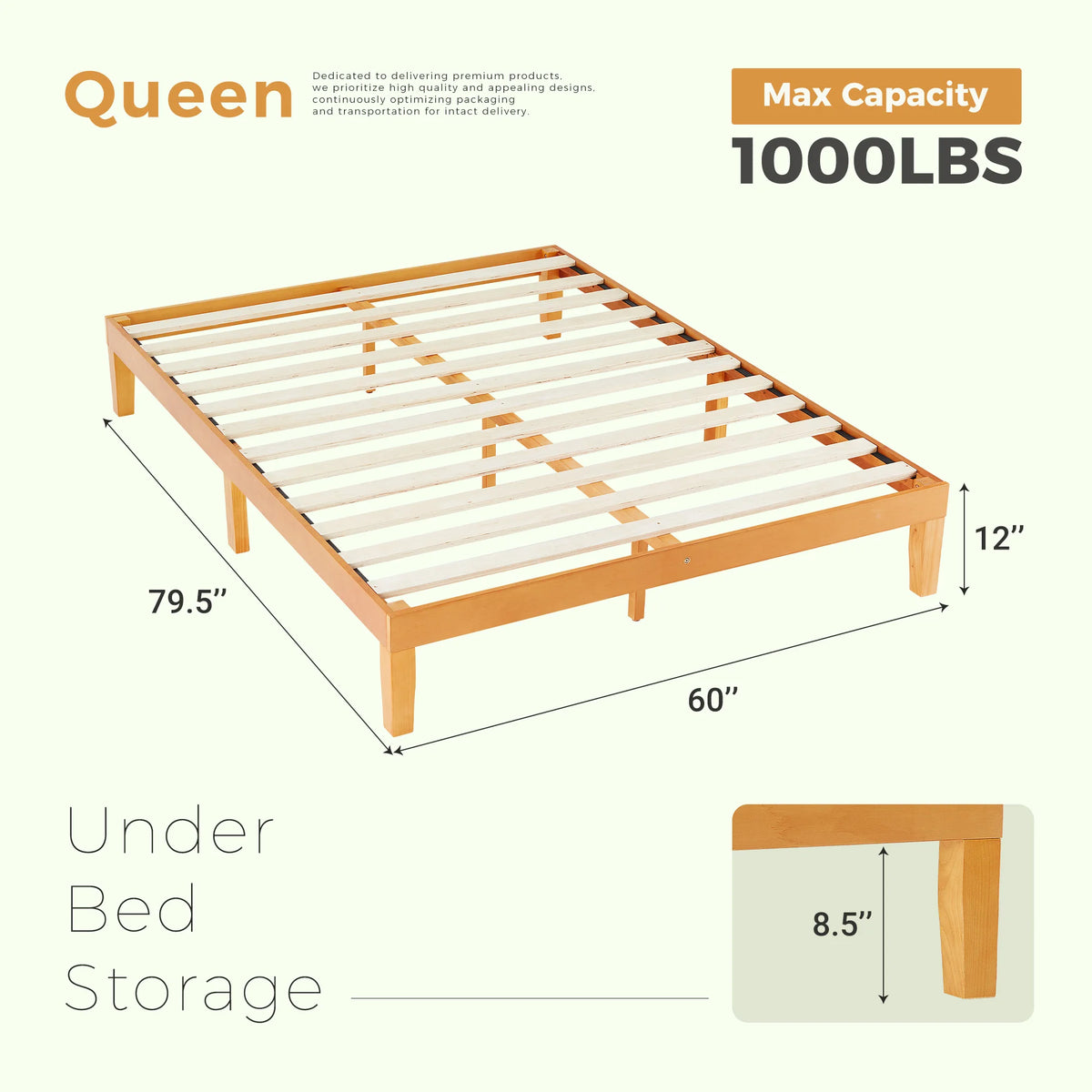 JHK Solid Wood Bed Frame With Sturdy Slats Easy Assembly