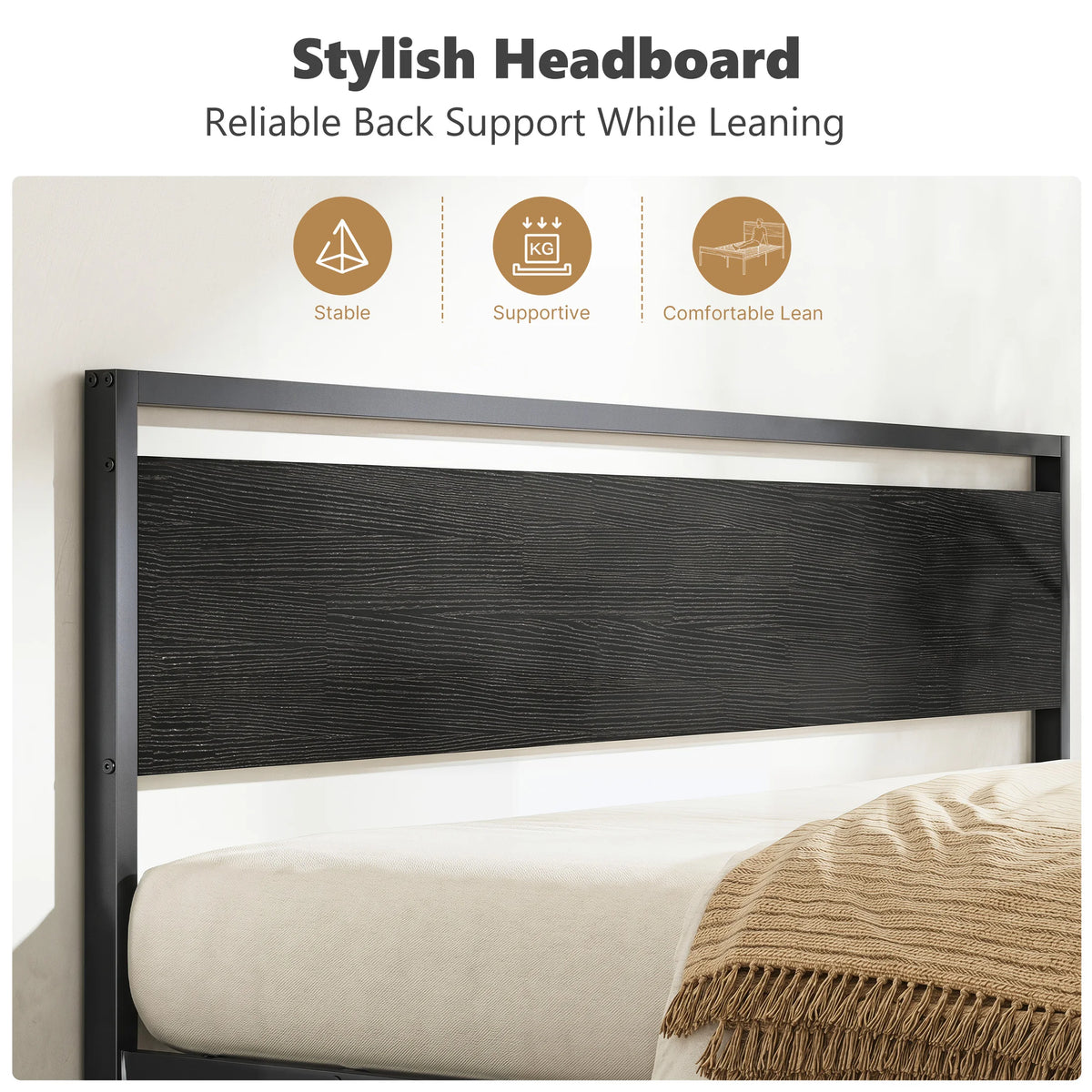 JHK Metal Bed Frame With Wood Headboard Heavy Duty Platform