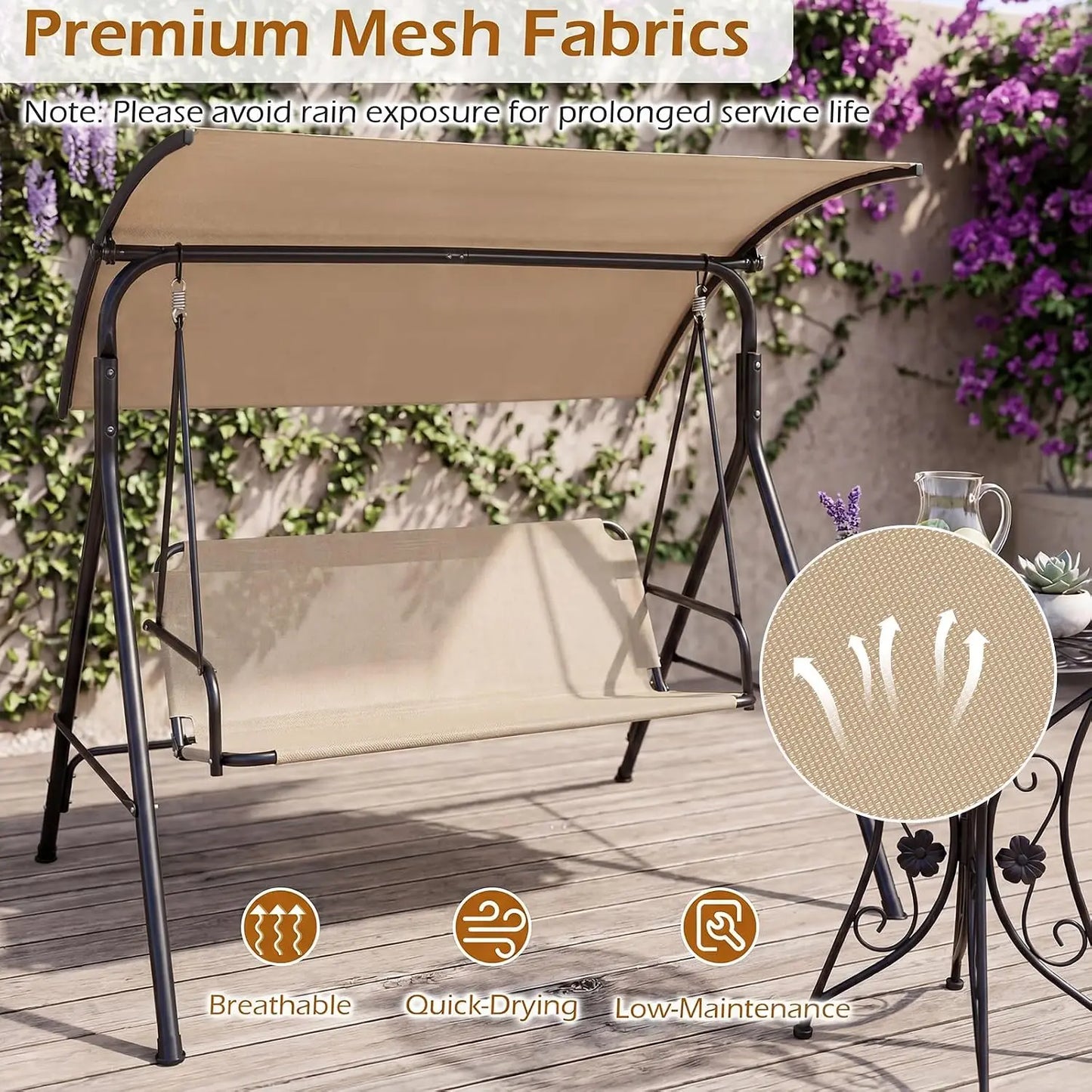Three-Person Porch Swing With Adjustable Canopy And Sturdy Metal Frame
