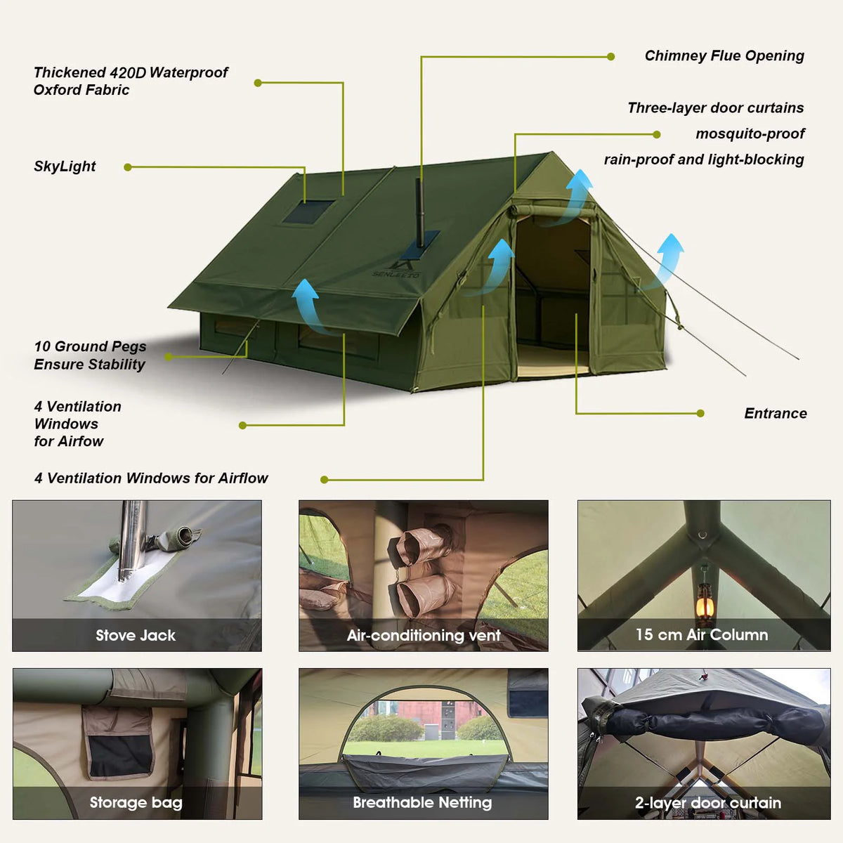 SENLEETO Inflatable Glamping Tent With Waterproof Mat And Stove Jack