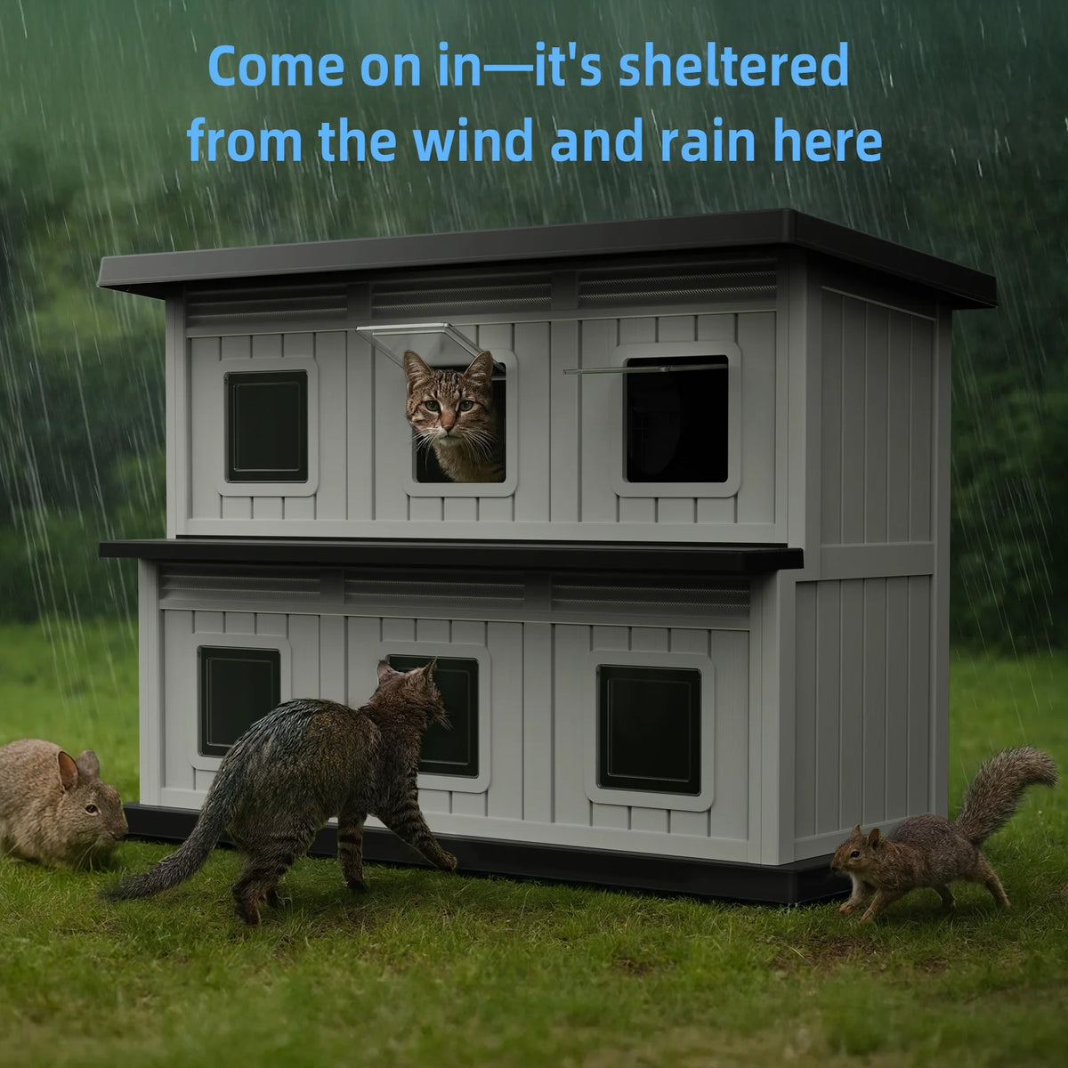 Weatherproof Two Tier Resin Cat House For Indoor Outdoor Use