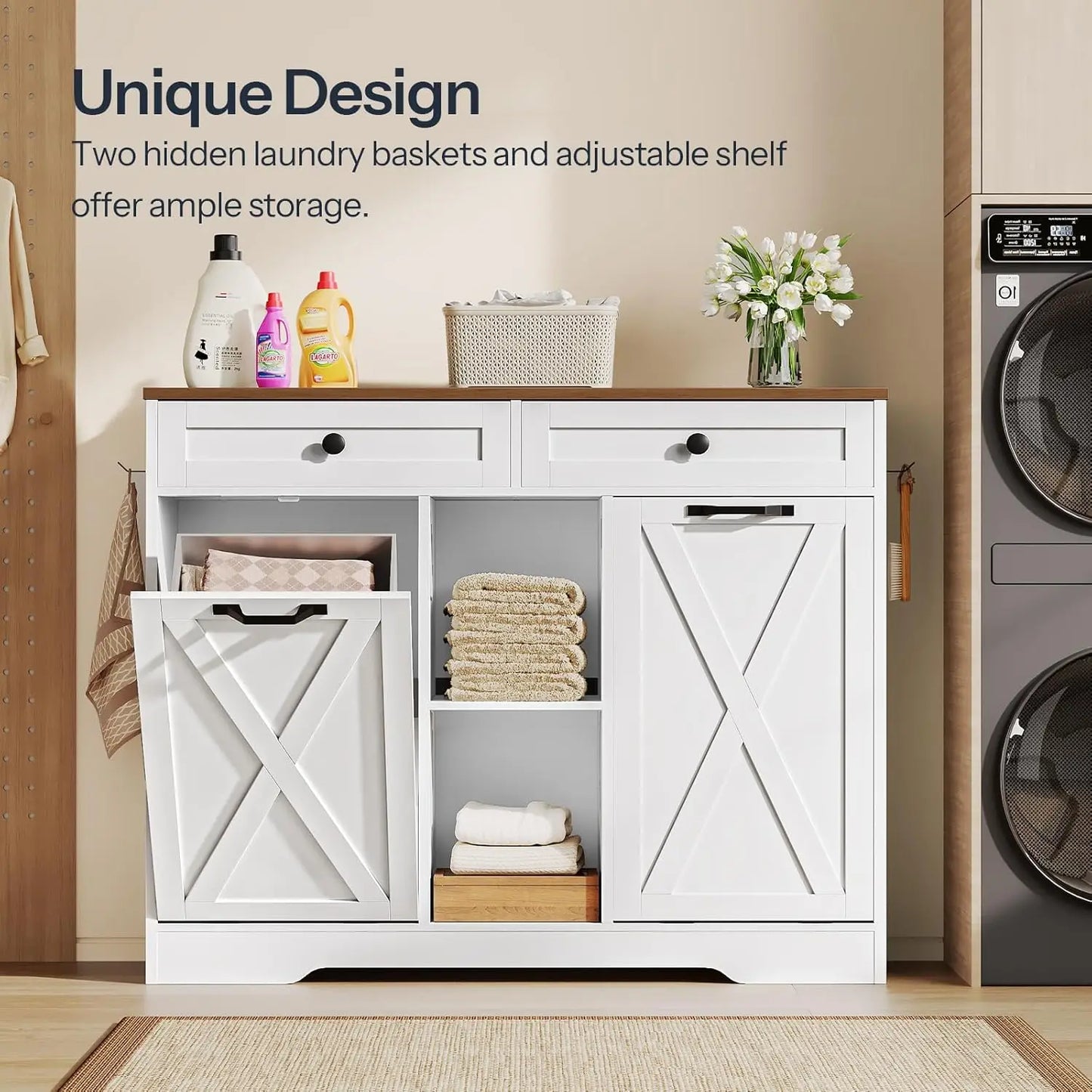 Modern Double Tilt Out Laundry Hamper Cabinet With Open Shelf