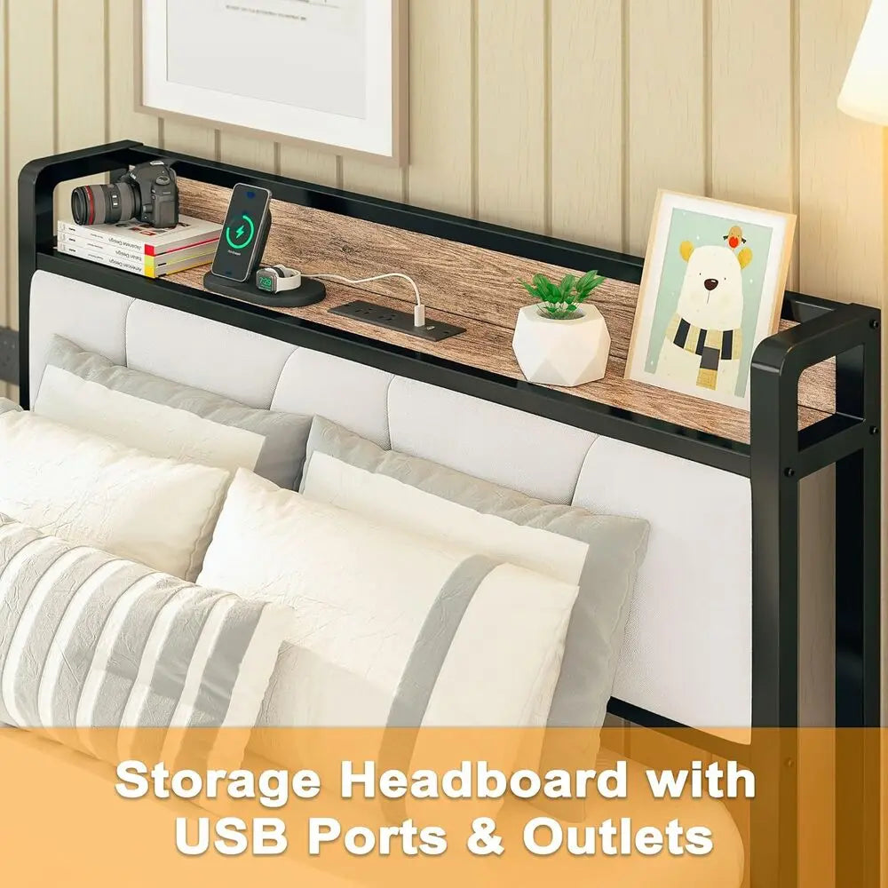 LIKIMIO Twin Bed Frame with Storage Headboard and USB Charging