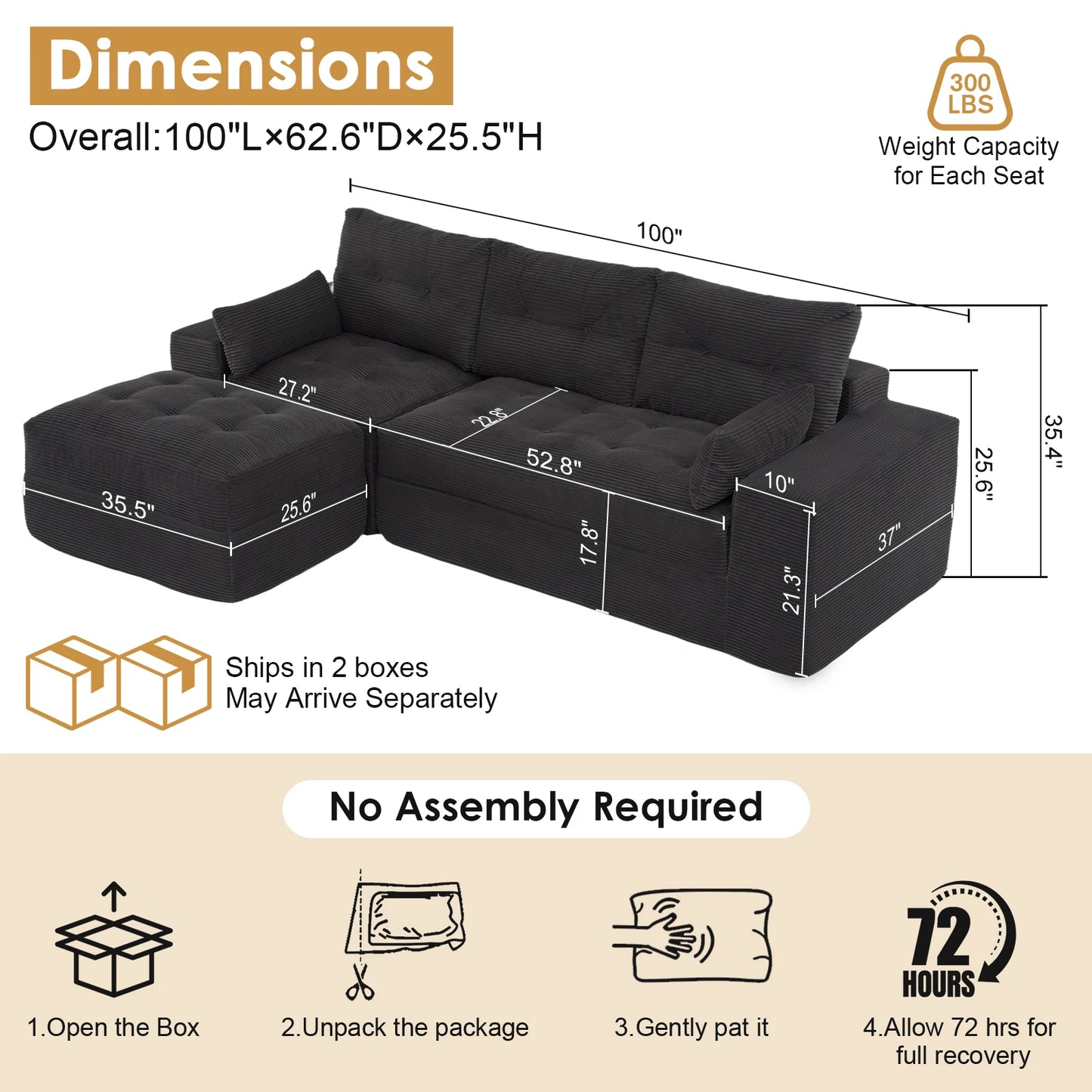 Modular L Shaped Sectional Sofa With Ottoman Corduroy Fabric