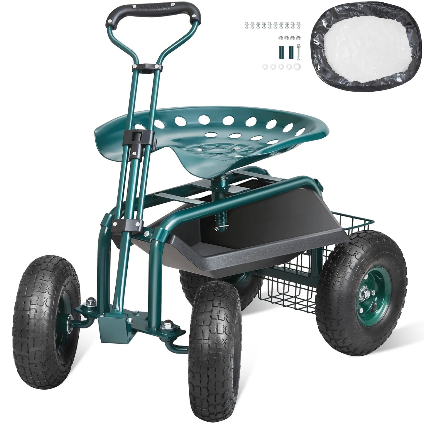 SucceBuy Garden Cart Rolling Workseat With Wheels 360 Swivel Seat