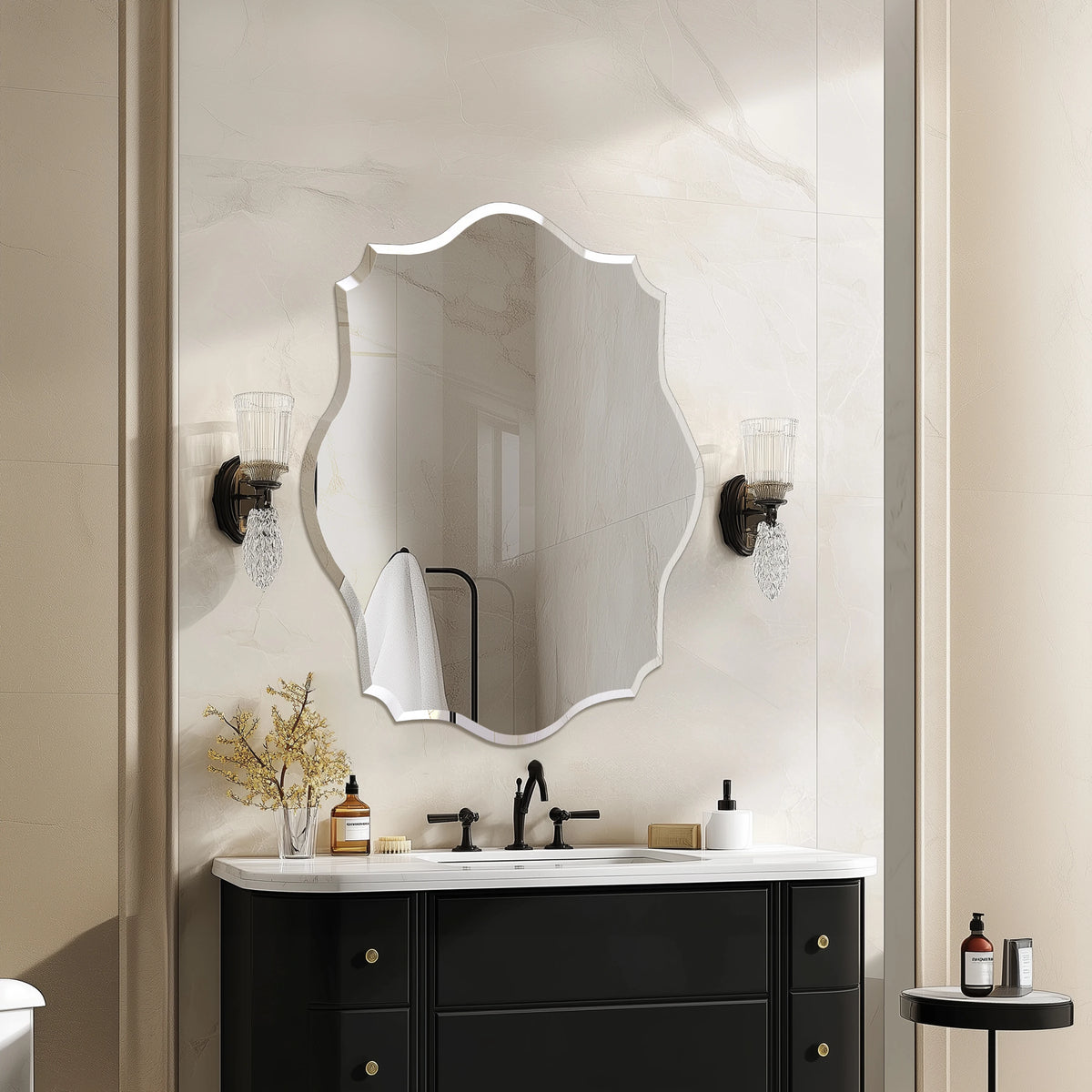 Wisfor Scalloped Frameless Beveled Edge Wall Mirror for Bathroom Vanity