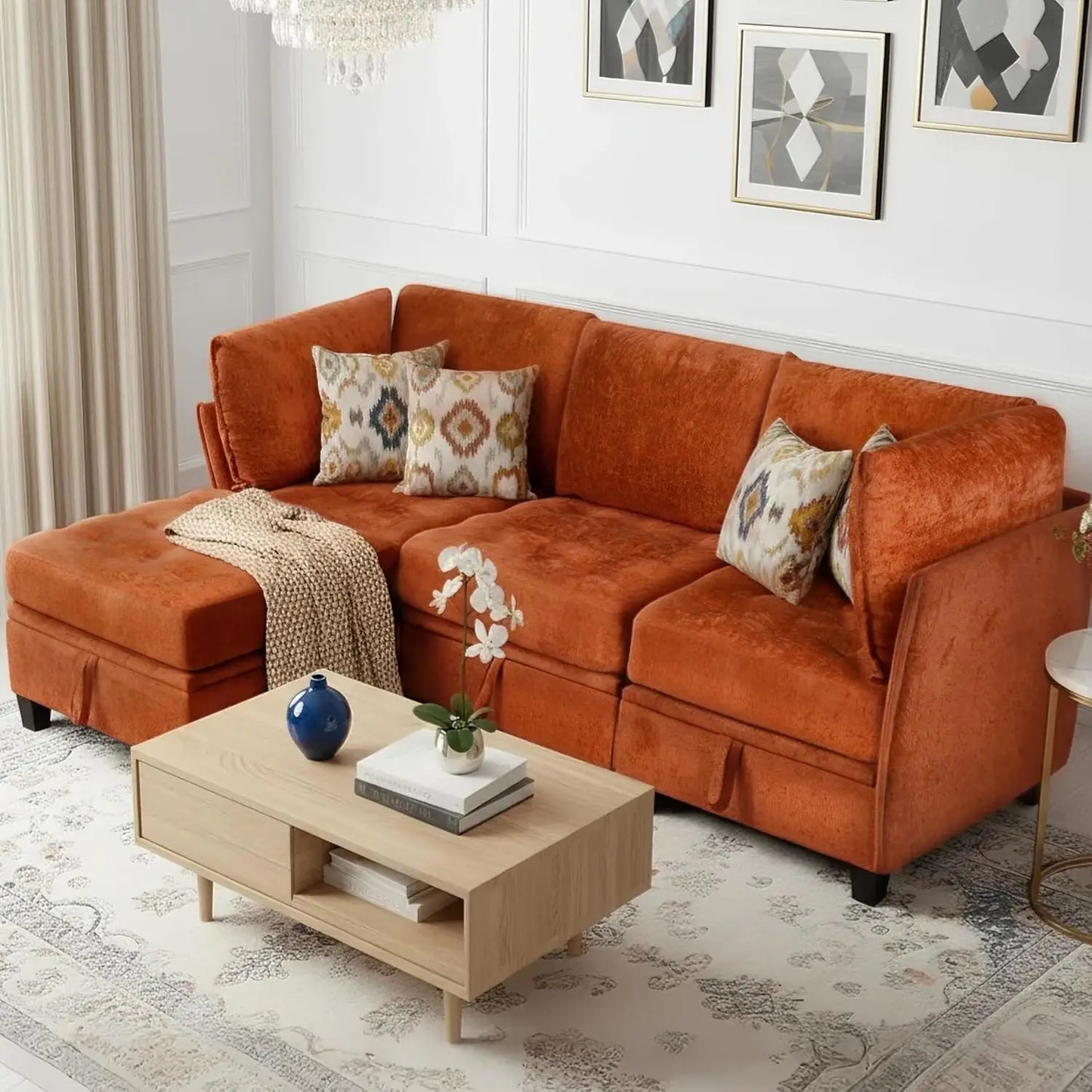 Oversized L Shaped Chenille Sectional Sofa With Storage Living Room