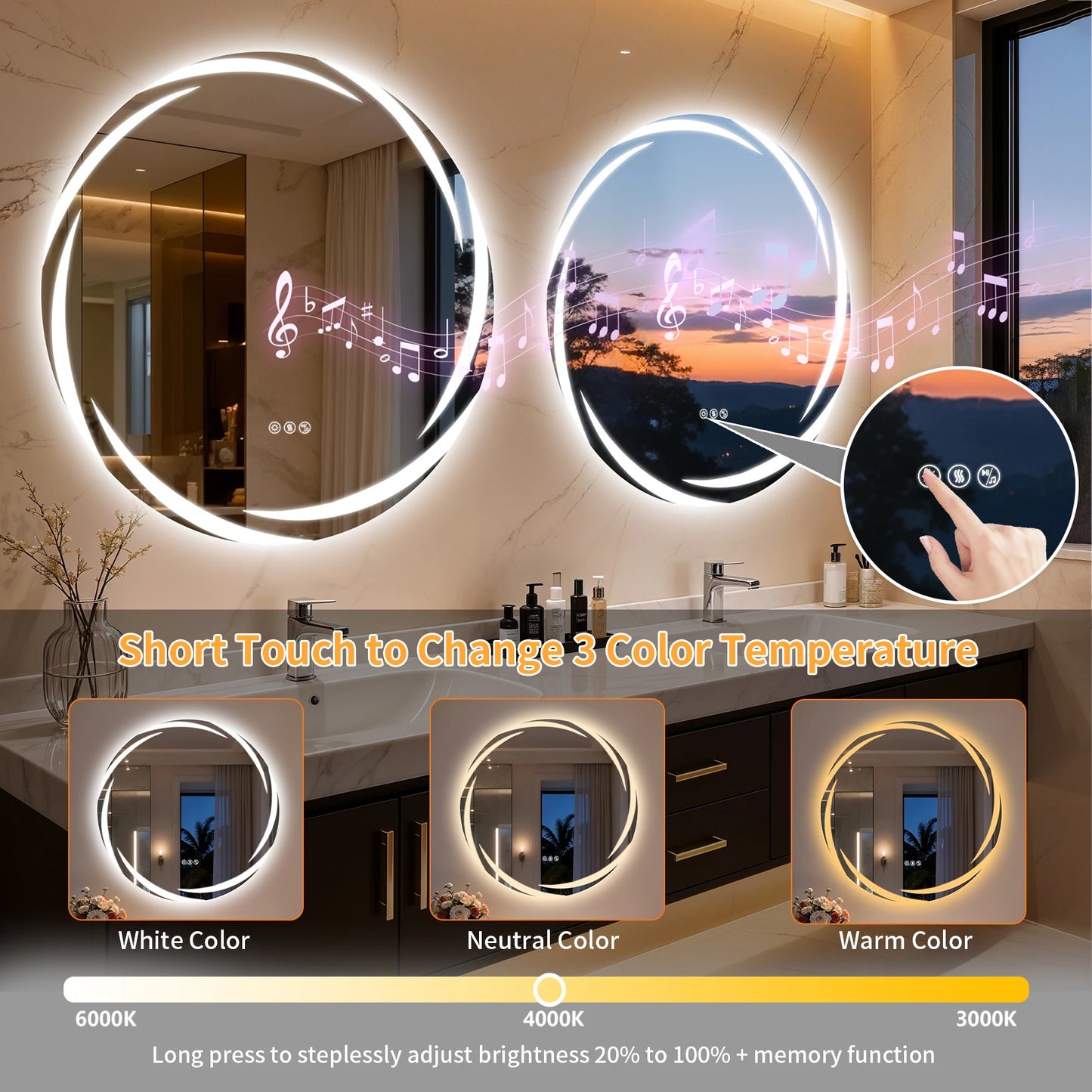 LED Bathroom Mirror With Bluetooth, Dual Speakers, Dimmable Defog Memory